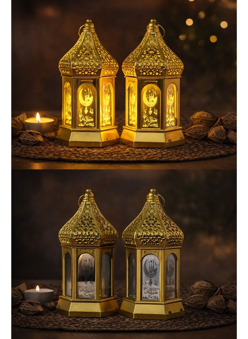 طقم 2 فانوس رمضان ذهبي بإضاءة LED دافئة، بطاريات مرفقة، المقاس 8×8×15 سم - Image 5